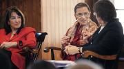 U.S. district judge Nancy Gertner (left) listens as Linda Greenhouse ’68, formerly the Supreme Court reporter for the <em>New York Times,</em> questions Supreme Court Justice Ruth Bader Ginsburg.
