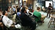 Li, here addressing a technology networking group in Palo Alto, tells clients, “You will always feel a little bit queasy if you are doing this right."