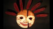 Charette traveled to the Smithsonian Institution in 2003 to view the museum’s Yup’ik holdings; the mask above, from his Poisoned series, shows that trip’s influence and comments on the way museums handled Native American art objects, many of which have sacred value. Charette saw many Yup’ik masks that had been treated with arsenic as a pesticide when the museum acquired them, then further defiled by stamping them with the word “poisoned” once the dangers of topical exposure to arsenic became known.
