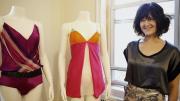 Laura Mehlinger with a Colorfield romper, in silk with mesh streamers (left), and a silk-and-mesh veil chemise