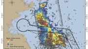 In this map of the Stellwagen Bank National Marine Sanctuary, the dots show right whales; the colors, the density of baleen whales.