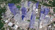 In this 3D representation of the relationship between collaboration and mean citation impact in the Longwood Medical Area, each building’s height reflects the number of citations of papers originating in the building, while the color gradient (from gray/low to blue/high) represents the proportion of publications originating from that building in which both first and last authors work in the building.