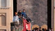 Elephant and <i>mahout</i> at work, at Amber Fort