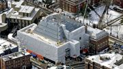 Winter aerial views of the Harvard Art Museums project; the glass crown joins old and new sections. 