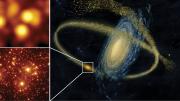 (at right): Artist’s rendering of a small galaxy being disrupted by a larger one and (at left) a simulation showing the gains in resolution obtained by using the GMT’s adaptive optics (to correct for blurring from Earth’s atmosphere) in studying crowded star clusters. 
