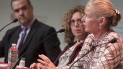 C. Noel Bairey Merz discusses cardiovascular disease at the panel "Research Priorities: The Impact of Gender on the Scope, Funding, and Analysis of Health Research." At left are Harvard political scientist Daniel Carpenter and Peggy Orenstein.