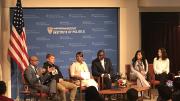 At the JFK Jr. Forum on Monday, panelists discussed the case surrounding Michael Brown's death. From left, Khalil Gibran Muhammad, Jason Pollock, Lezley McSpadden, Benjamin Crump, Jasmine Rand, and Ashley Spillane.