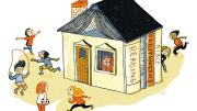 Children play outside while a homeschooled child watches through a window