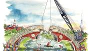 Illustration showing groups on both sides of the Charles River pushing two halves of a brick bridge together to span the river