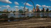 The St. Louis, Missouri, skyline on the Mississippi River with the Gateway Arch visible, as seen from across the Mississippi River in East St. Louis, Illinois 