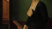 Posthumous portrait of astronomer Cecilia Payne-Gaposchkin looking up and through a window, echoing Vermeer’s painting “The Astronomer”