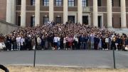 An impromptu senior class photo on the steps of Widener Library