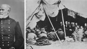 Photograph of General William Harney (at left) and photograph of the negotiating parties of the Sioux Treaty of 1868 under a tent
