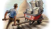 Illustration of a man pushing a wheelbarrow full of petitions up the steps to Congress.