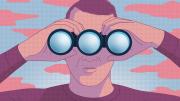 Illustration of a man looking through a pair of binoculars with three, not two, objective lenses