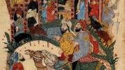 An illuminated manuscript page from thirteenth-century Iraq showing two men on a camel arriving in a village, depicted as two-story white buildings with people looking out the windows