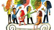 An illustration of people engaging in vigorous, animated dialogue 