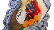 The painting “Love Potion” features two lovers craning toward each other in a boat on roiling ocean waters.