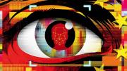 Illustration of an eye superimposed on iconography from the national flag of China