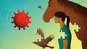 Illustration of a floating particle of the virus that causes Eastern Equine Encephalitis, the mosquito vector, and bird, horse, and human hosts
