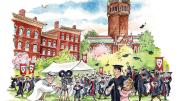 Illustration of 2022 Commencement with movie camera for first time