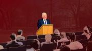 Montage of Harvey Mansfield at the podium with students in the foreground and the Yard in the background