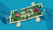 Illustration of a dollar bill with a head on one side and a heart on the other, exchanging hands