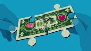 Illustration of a dollar bill with a head on one side and a heart on the other, exchanging hands