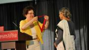 Ela Bhatt receives the Radcliffe Medal from Dean Barbara Grosz.