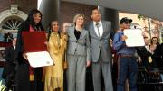 From left: Tiffany Smalley ’11; Cheryl Andrews-Mahats, Aquinnah Tribal Council Chair; Drew Faust; Cedric Cromwell, Mashpee Tribal Council Chair; and Bernard Coombs of the Mashpee Tribe receiving a posthumous diploma for Joel Iacoomes, who would have graduated in 1665.