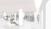 A rendering of the new multipurpose social and academic space to be created in the lower level of Old Quincy, looking toward the exterior terrace; the space is shown to the right in the architect's floorplan for the renovation of that lower level (click second thumbnail below).