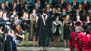 Photograph by Jim Harrison The Commencement Choir, standing on the Memorial Church steps in front of the Commencement platform, sings the premiere of the musical setting of Seamus Heaney's "Villanelle for an Anniversary."