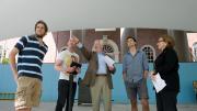 Left to right: Latin Salutatory orator Michael Velchik; Graduate English orator Jonathan Service; R.J. Tarrant, Pope professor of Latin; Senior English orator Anthony Hernandez; and University Marshal Jackie O'Neill
