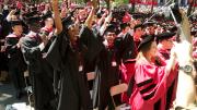 College and doctoral students express their sentiments, loudly, at Commencement.