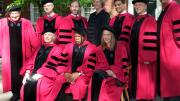 The 2012 honorary-degree recipients. Back row from left: Walter Kohn, John Adams, Provost Alan Garber, President Drew Faust, Fareed Zakaria, Mario Molina, and K. Anthony Appiah. Front row from left: Gillian Beer, John Lewis, and Wendy Kopp