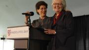 Radcliffe Institute dean Lizabeth Cohen awards the Radcliffe Medal to Margaret Marshall. 
