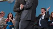 Andy Samberg kisses Matt DaSilva ’12, one of the students who introduced him, onstage as they slow-dance to Adele's "Someone Like You."             