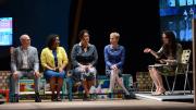 Artists Mark Robbins, Beverly McIver, Elizabeth Alexander, and Augusta Read Thomas, with moderator Diane Paulus, onstage at the Loeb Drama Center
