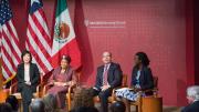 Left to right: M.P.P. candidate Jieum Baek, Ellen Johnson Sirleaf, president of Liberia,  Felipe Calderón, former president of Mexico, and M.P.A. candidate Amandla Agoro Ooko-Ombaka