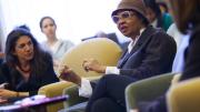Journalist Johanna Berkman, left, looks on as Jamaica Kincaid makes a point.