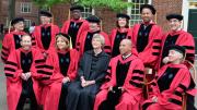 Back row from left: Robert Axelrod, Wallace S. Broecker, Denis Mukwege, Patricia A. Graham, Linda B. Buck, Bryan Stevenson, and Peter Salovey. Front row from left: Alan Garber, Renée Fleming, President Drew Faust, Deval L. Patrick, and Svetlana L. Alpers