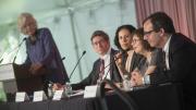 The panel (from left to right): Margaret H. Marshall (at podium), Michael Klarman, Lauren Sudeall Lucas, Linda Greenhouse, and John Manning
