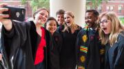 Students pose outside of Memorial Church