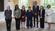 From left: Martha Minow, 2022 Radcliffe Medal recipient Sherrilyn Ifill, Leslie Cornfeld, Donna Shalala, Raj Chetty, Pam Eddinger, and Tomiko Brown-Nagin   
