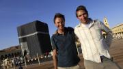 Cosmic Picture’s founders Taran Davies ‘93 (right) and Dominic Cunningham-Reid in Morocco. The structure behind them is a replica of the Ka‘ba, the most sacred site in Islam, built for production purposes. 