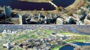 Before and after views centered on the Business School campus show how new development might appear. Shuttle buses could cross the Weeks footbridge once Soldiers Field Road is covered.