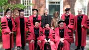 The 2011 honorary-degree recipients. Back row from left: John G.A. Pocock, Provost Steven Hyman, Sir Timothy John Berners-Lee, President Drew Faust, Her Excellency Ellen Johnson Sirleaf, David Satcher, and Plácido Domingo. Front row from left: Dudley Herschbach, Rosalind Krauss, and James R. Houghton. Not pictured: The Honorable Ruth Bader Ginsburg