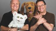 Cerf and colleague Norman Stiles flank dog star Lomax as Cerf holds Delta the cat. 