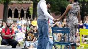 <i>Porgy and Bess</i> ensemble members Nathaniel Stampley (on left) and Alicia Hall Moran sang "Bess You Is My Woman Now," outside the Science Center during the production’s run at the ART.