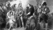 An imagined scene of a meeting between a Spanish expeditionary party and a group of indigenous South Americans. 